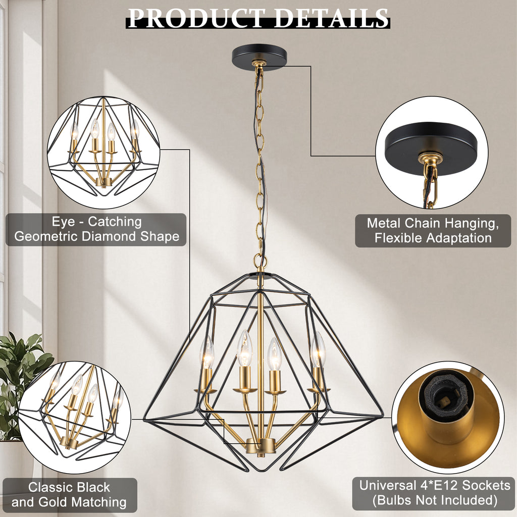 4-Light Industrial Black & Gold Caged Iron Chandelier - Geometric - product image 6 | Zenvolit
