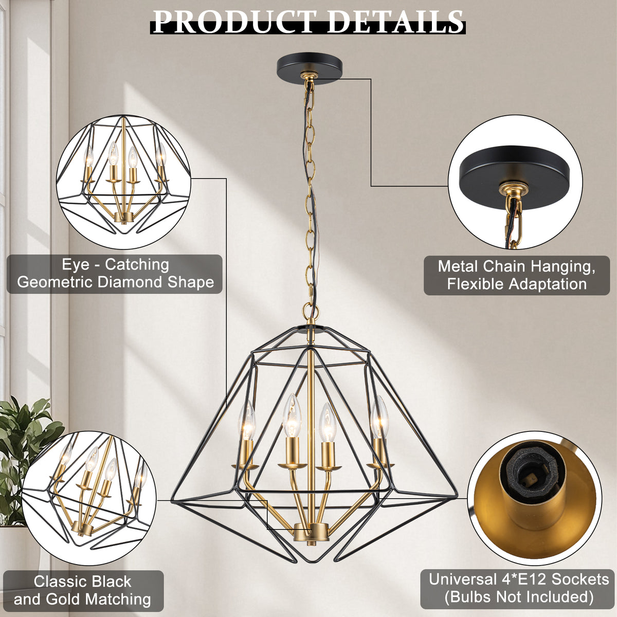 4-Light Industrial Black & Gold Caged Iron Chandelier - Geometric - product image 6 | Zenvolit