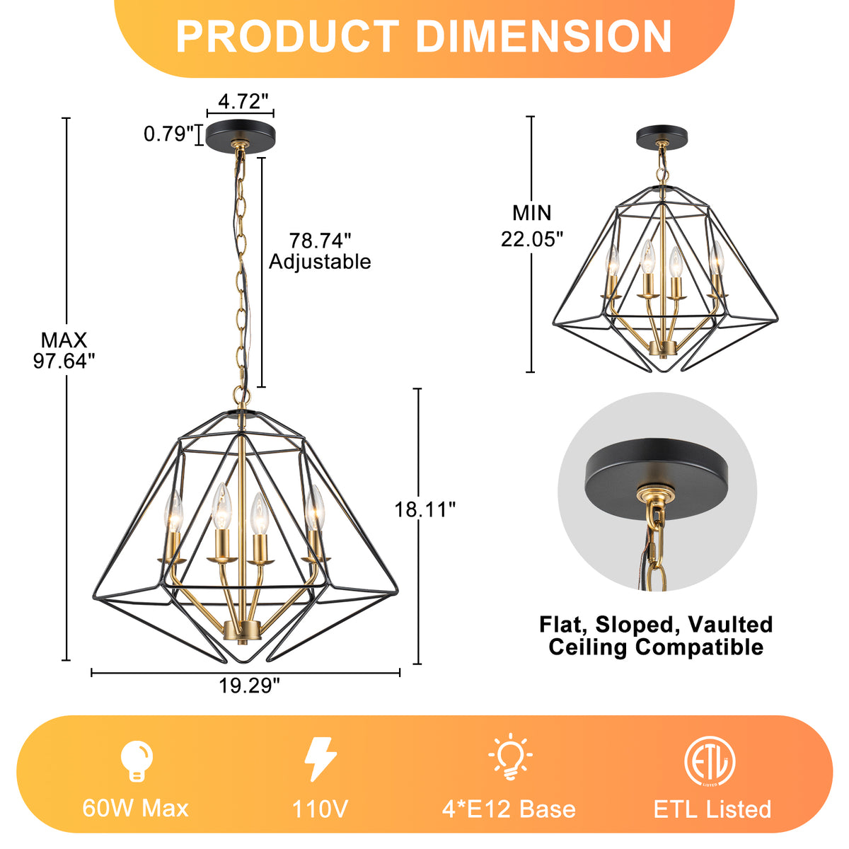 4-Light Industrial Black & Gold Caged Iron Chandelier - Geometric - product image 15 | Zenvolit