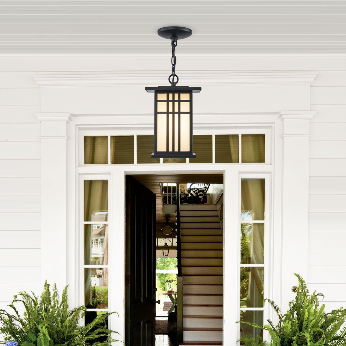 Black Outdoor Pendant Light with White Glass Porch Ceiling Fixture - product image 5 | Zenvolit