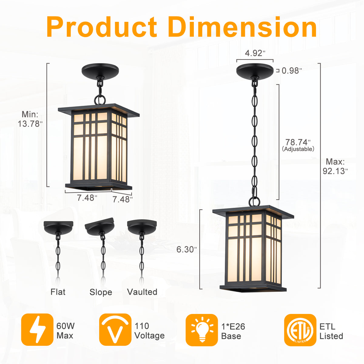 Black Outdoor Pendant Light with White Glass Porch Ceiling Fixture - product image 7 | Zenvolit