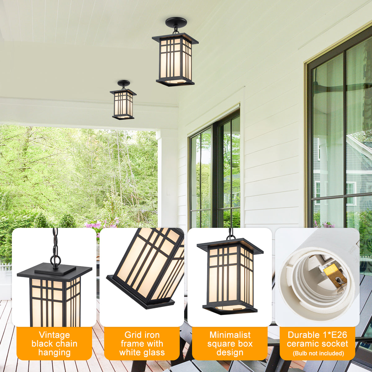 Black Outdoor Pendant Light with White Glass Porch Ceiling Fixture - product image 9 | Zenvolit