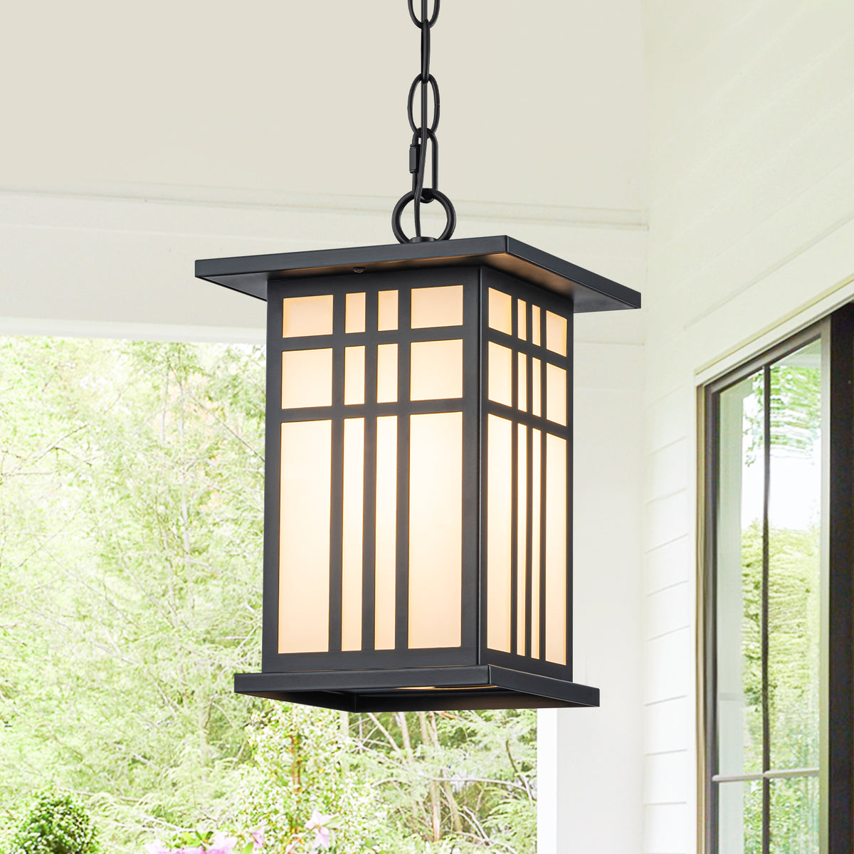 Black Outdoor Pendant Light with White Glass Porch Ceiling Fixture - product image 11 | Zenvolit