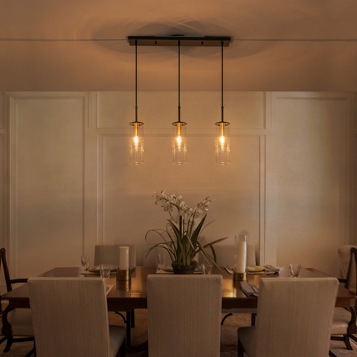 3-Light Black Linear Pendant Light Clear Cylindrical Glass Shades - product image 1 | Zenvolit