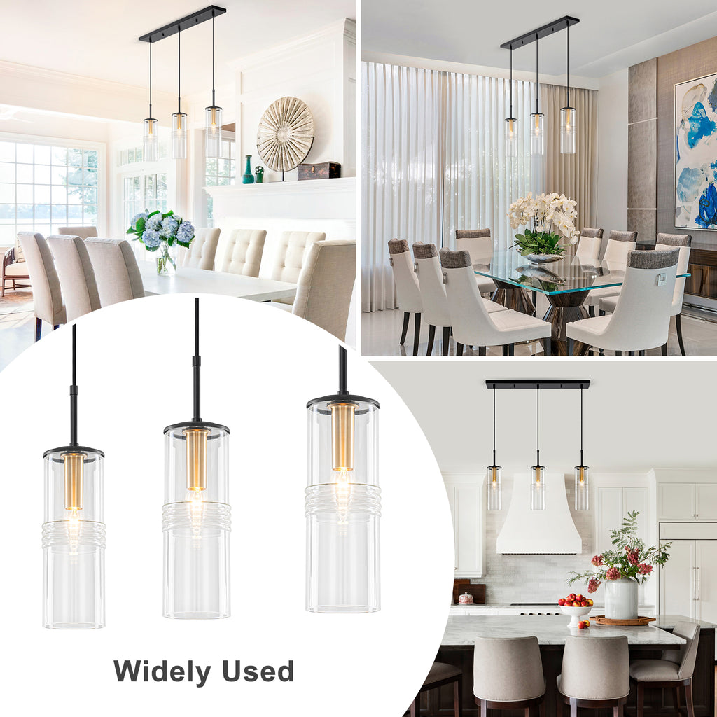 3-Light Black Linear Pendant Light Clear Cylindrical Glass Shades - product image 5 | Zenvolit