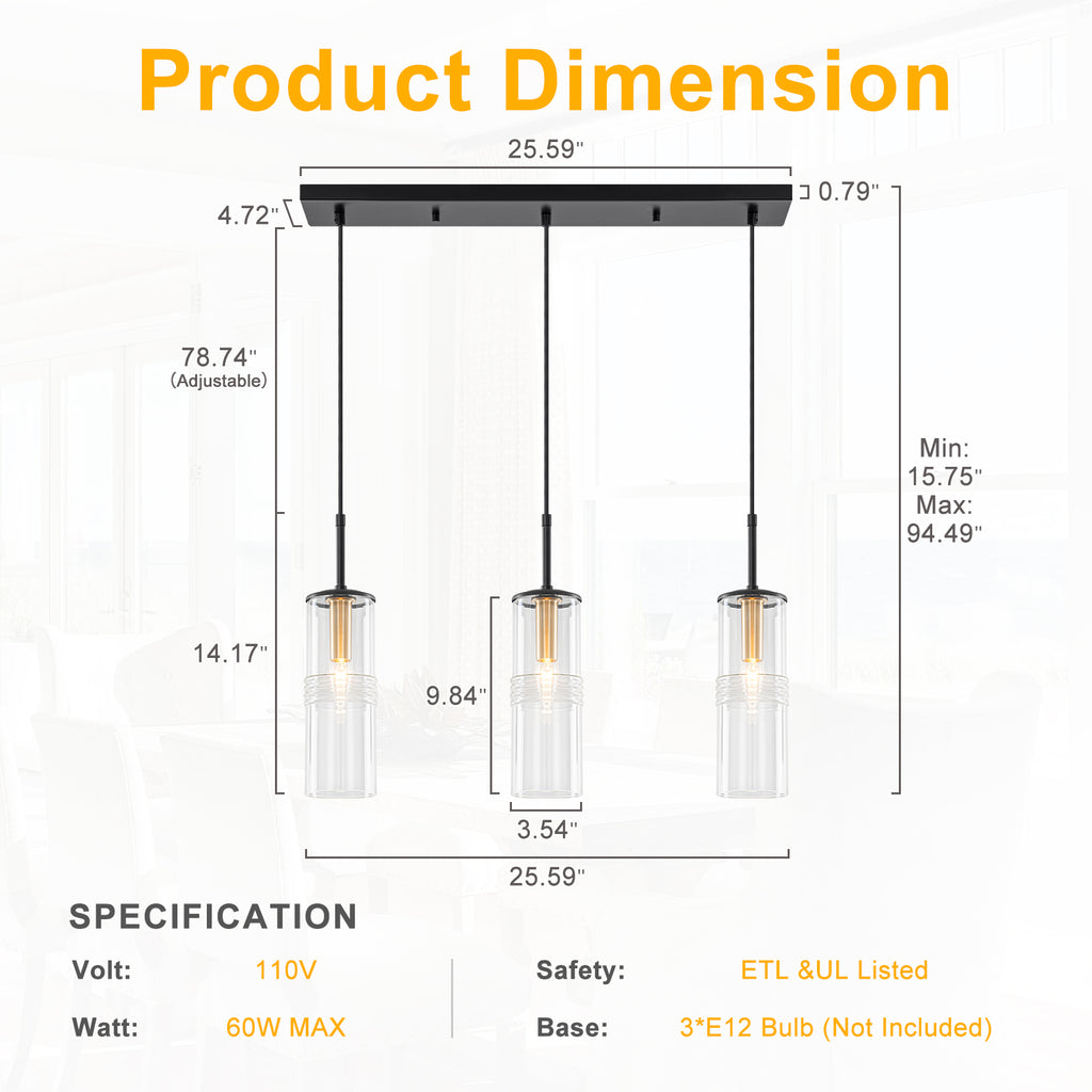 3-Light Black Linear Pendant Light Clear Cylindrical Glass Shades - product image 6 | Zenvolit