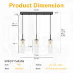 3-Light Black Linear Pendant Light Clear Cylindrical Glass Shades - product image 6 | Zenvolit