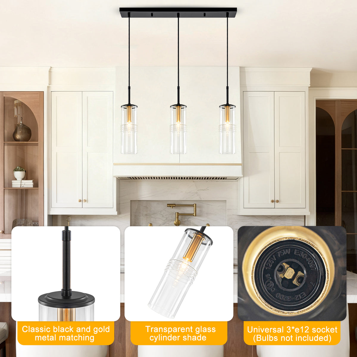 3-Light Black Linear Pendant Light Clear Cylindrical Glass Shades - product image 8 | Zenvolit