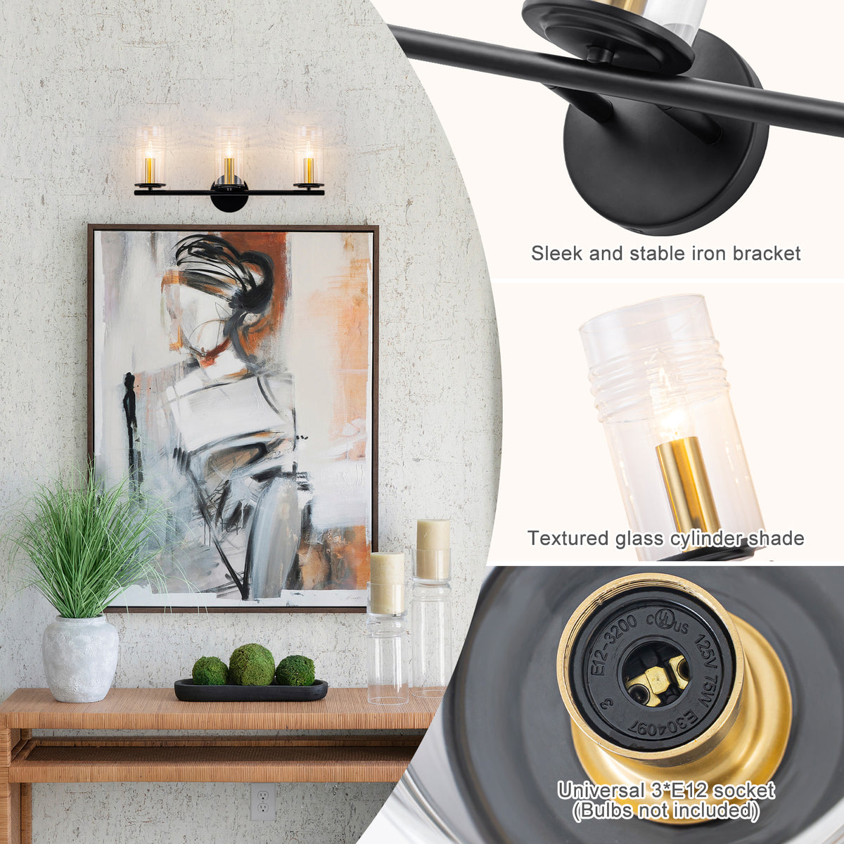3-Light Industrial Wall Sconce with Clear Cylindrical Glass Shade - product image 8 | Zenvolit