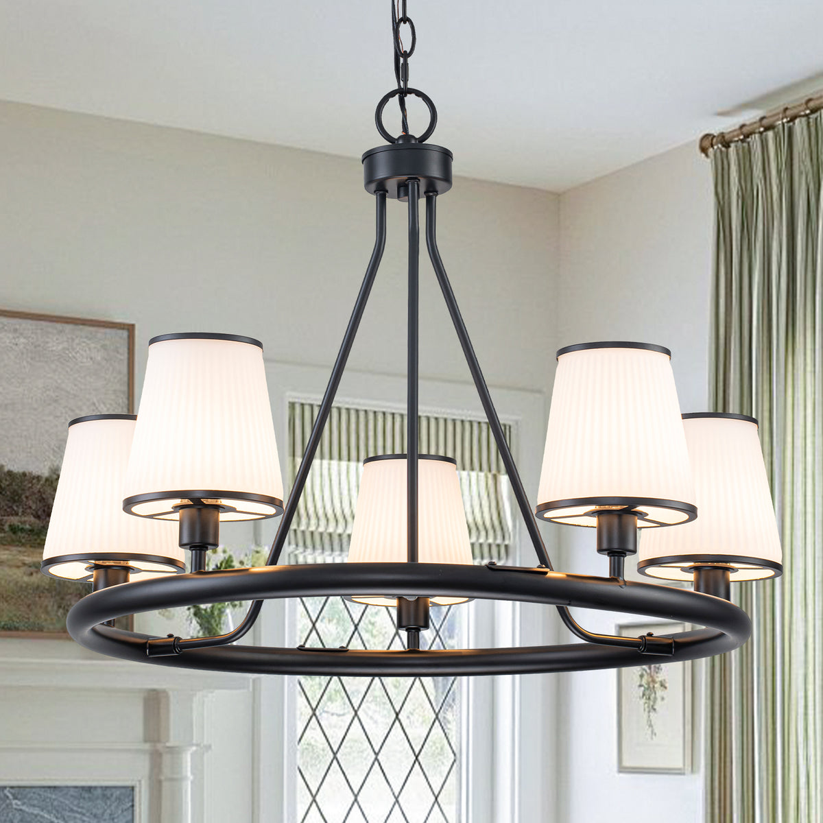 5-Light Ribbed Fabric Shade Black Circular Chandelier Traditional - product image 1 | Zenvolit