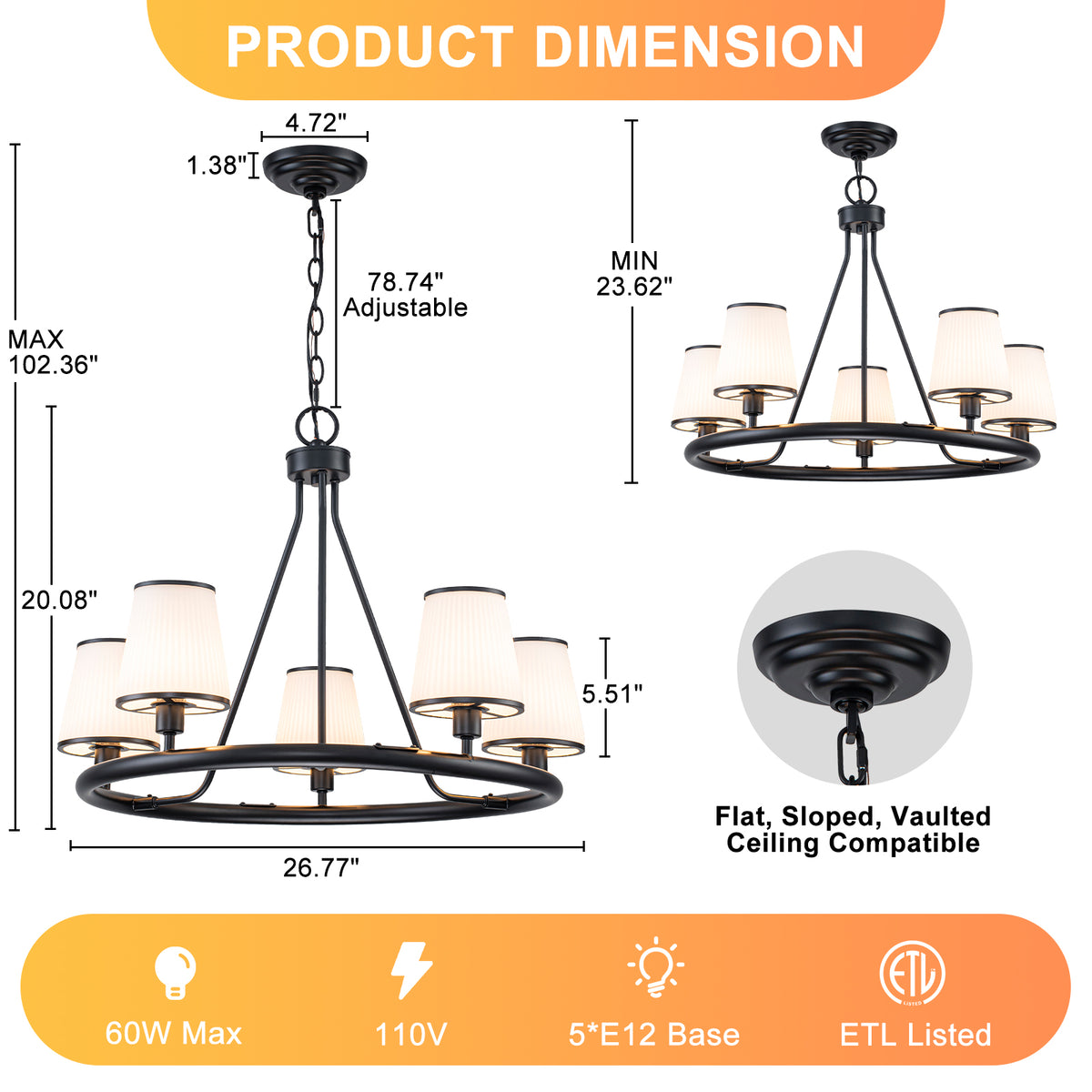 5-Light Ribbed Fabric Shade Black Circular Chandelier Traditional - product image 8 | Zenvolit