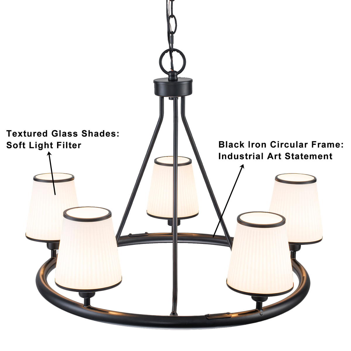 5-Light Ribbed Fabric Shade Black Circular Chandelier Traditional - product image 10 | Zenvolit