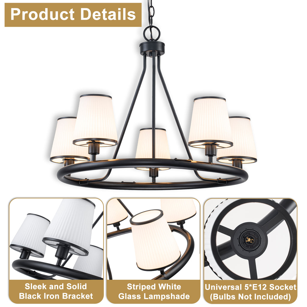 5-Light Ribbed Fabric Shade Black Circular Chandelier Traditional - product image 14 | Zenvolit