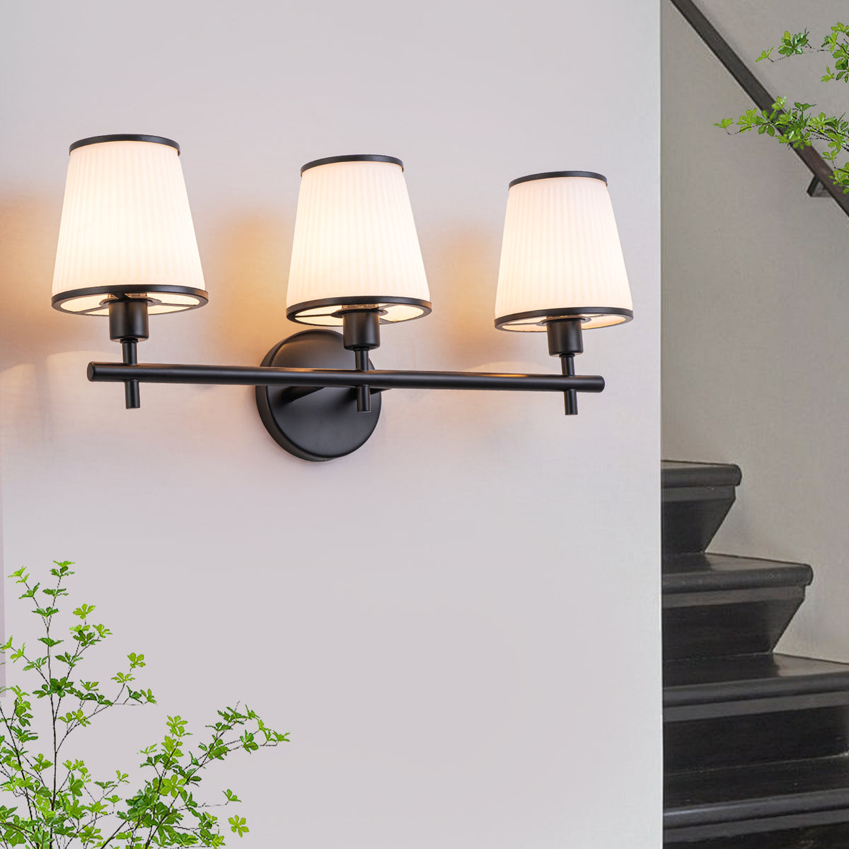 3-Light Matte Black Metal Wall Sconce Ribbed Fabric Shade Traditional - product image 1 | Zenvolit