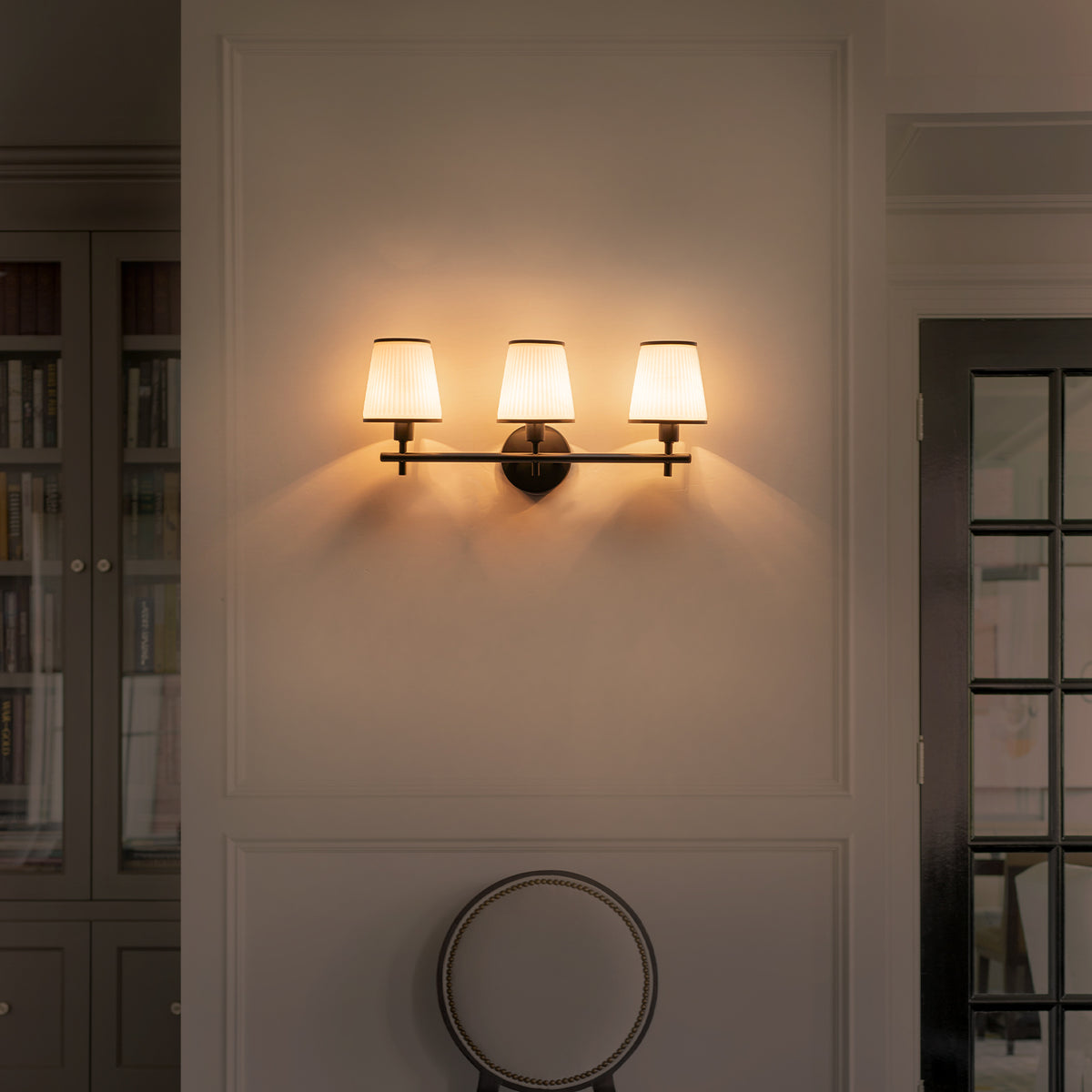3-Light Matte Black Metal Wall Sconce Ribbed Fabric Shade Traditional - product image 3 | Zenvolit