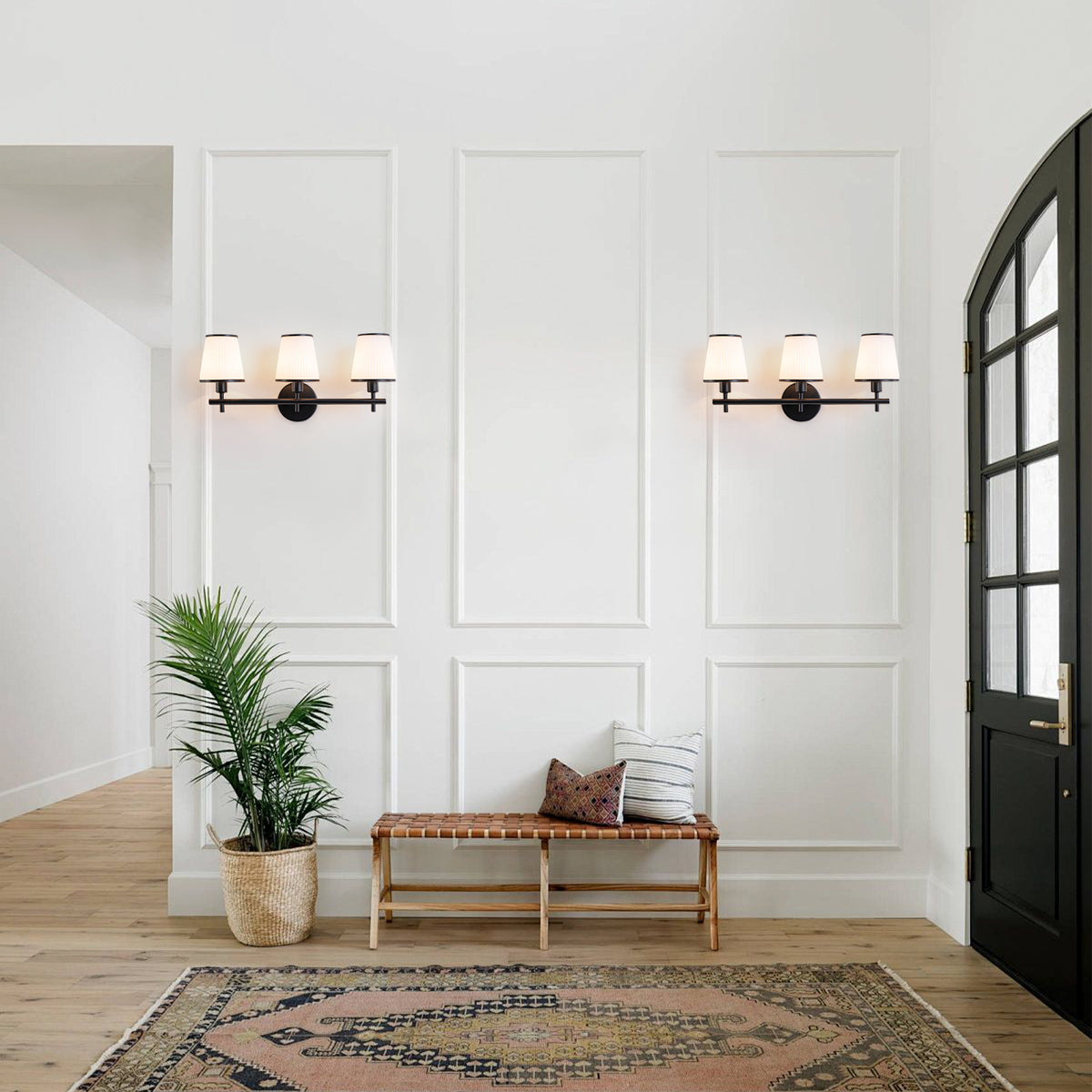 3-Light Matte Black Metal Wall Sconce Ribbed Fabric Shade Traditional - product image 4 | Zenvolit