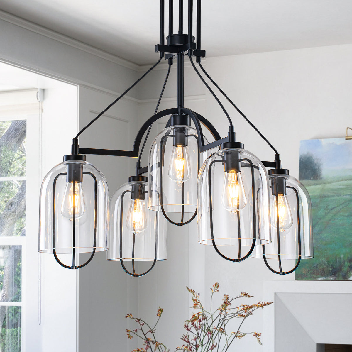 Black Industrial 5-Light Chandelier Clear Glass Bell Shades Rustic - product image 1 | Zenvolit