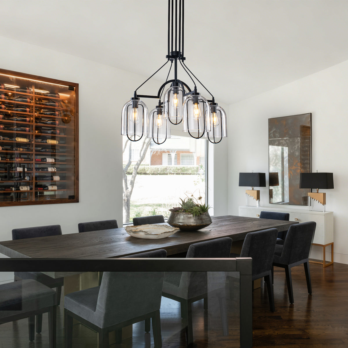 Black Industrial 5-Light Chandelier Clear Glass Bell Shades Rustic - product image 4 | Zenvolit