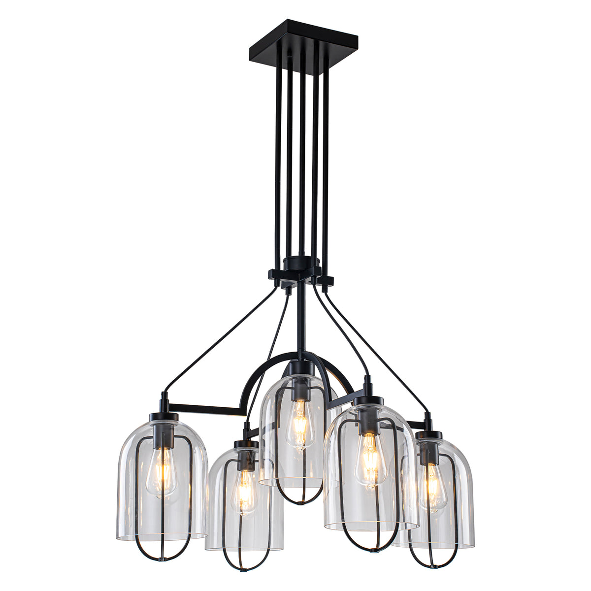 Black Industrial 5-Light Chandelier Clear Glass Bell Shades Rustic - product image 15 | Zenvolit