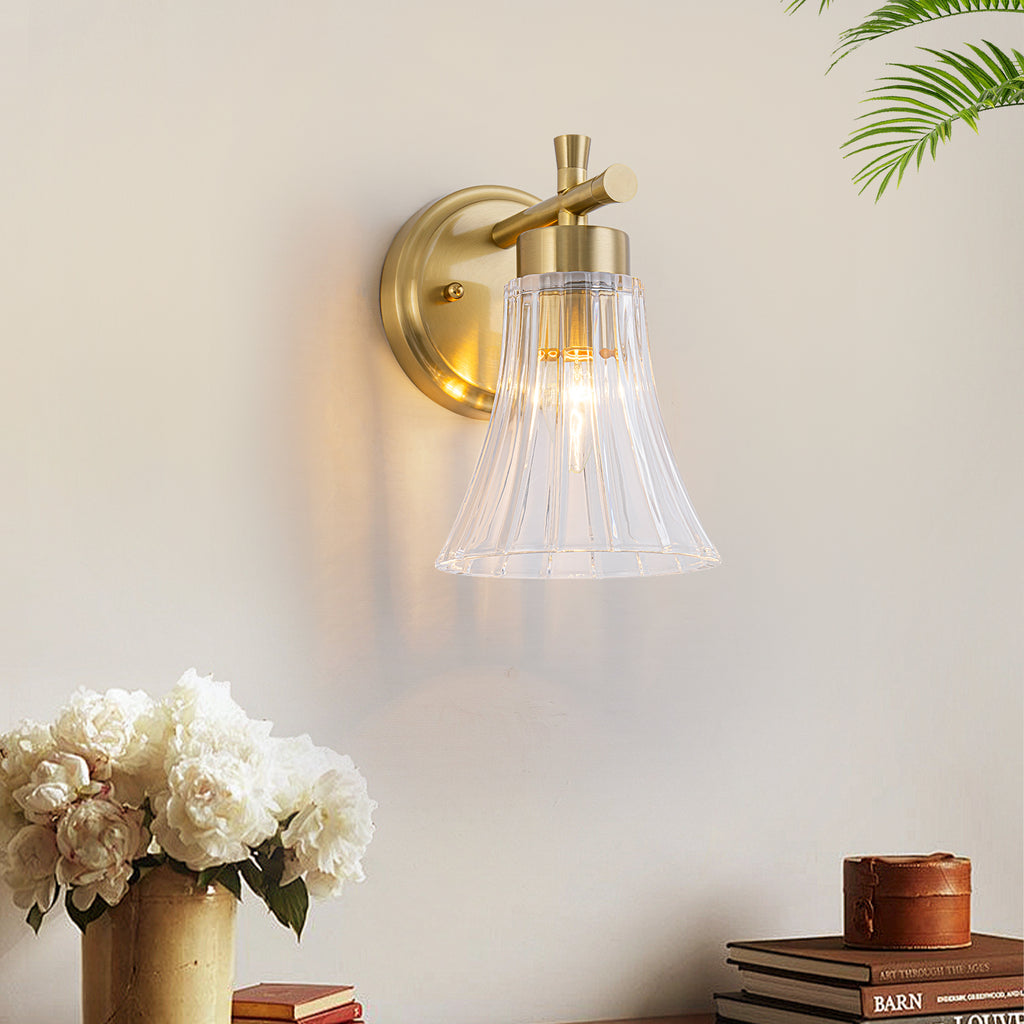 Gold Metal Wall Sconce Ribbed Trumpet Glass Shade for Bathroom Vanity - product image 1 | Zenvolit