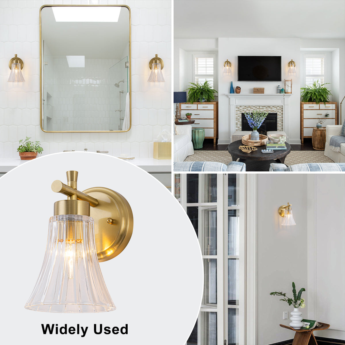 Gold Metal Wall Sconce Ribbed Trumpet Glass Shade for Bathroom Vanity - product image 6 | Zenvolit