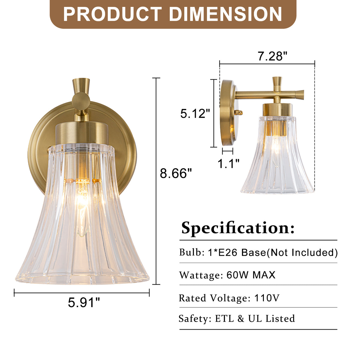 Gold Metal Wall Sconce Ribbed Trumpet Glass Shade for Bathroom Vanity - product image 7 | Zenvolit