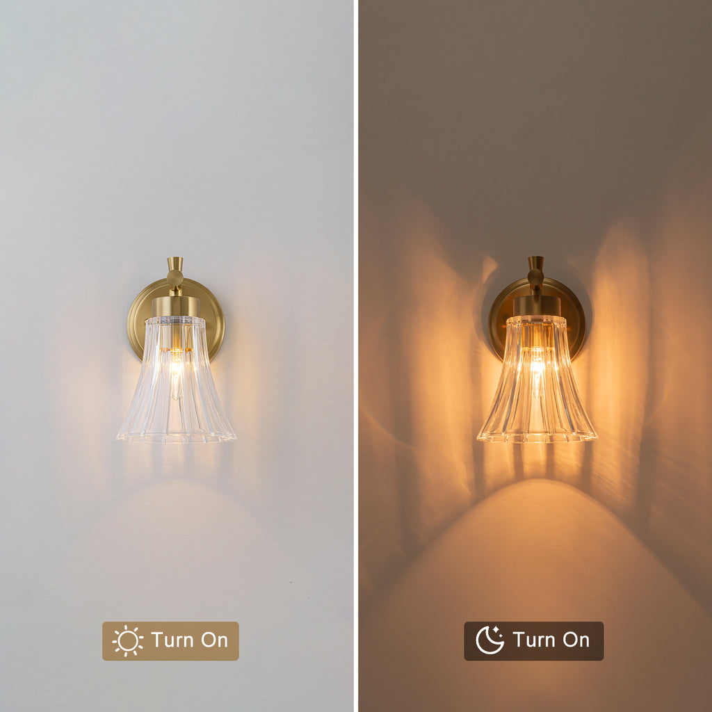 Gold Metal Wall Sconce Ribbed Trumpet Glass Shade for Bathroom Vanity - product image 8 | Zenvolit