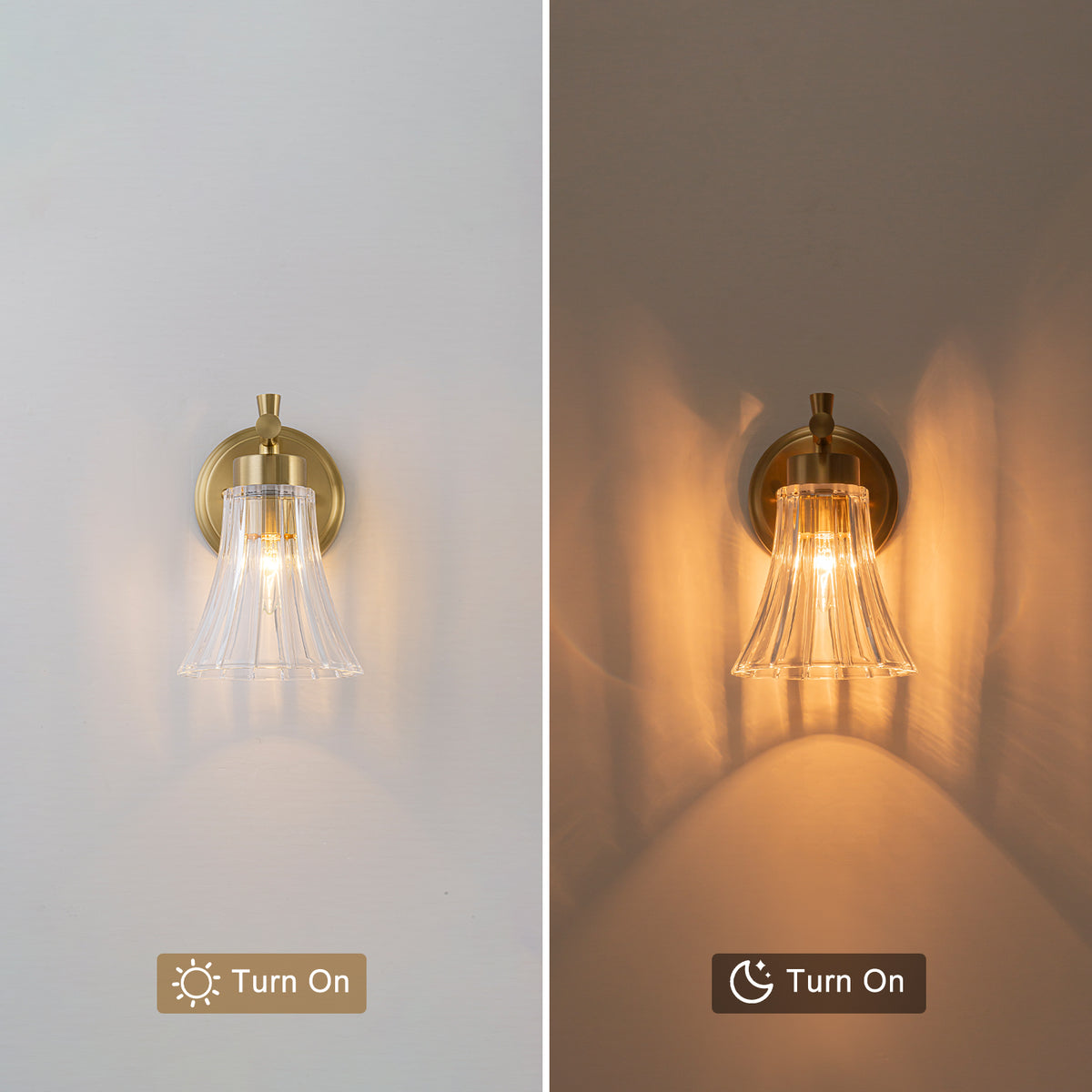 Gold Metal Wall Sconce Ribbed Trumpet Glass Shade for Bathroom Vanity - product image 8 | Zenvolit
