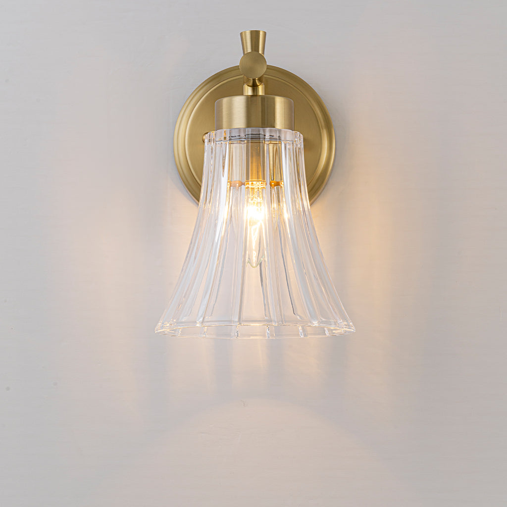 Gold Metal Wall Sconce Ribbed Trumpet Glass Shade for Bathroom Vanity - product image 9 | Zenvolit