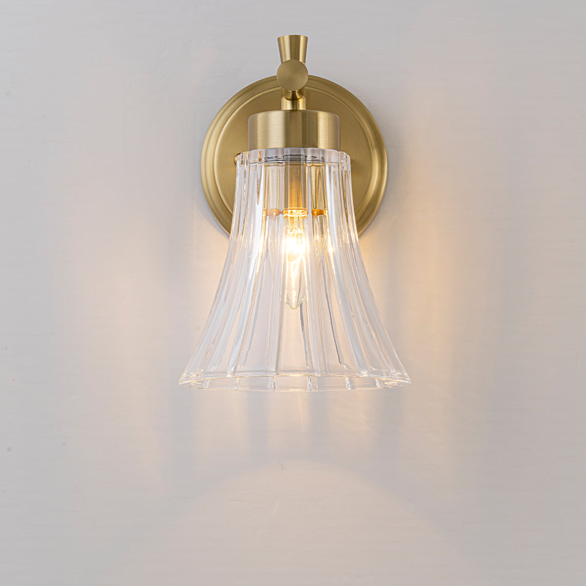 Gold Metal Wall Sconce Ribbed Trumpet Glass Shade for Bathroom Vanity - product image 9 | Zenvolit