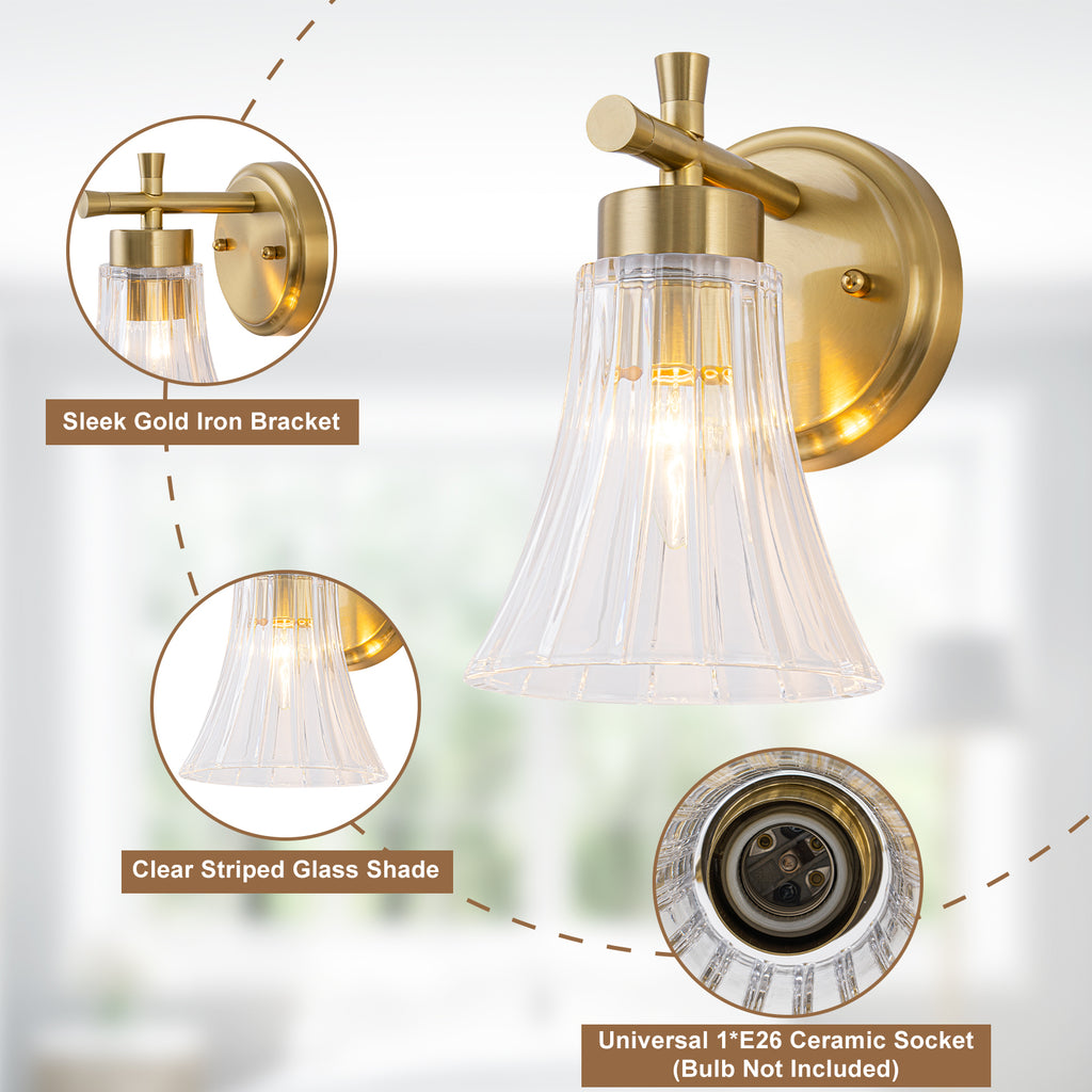 Gold Metal Wall Sconce Ribbed Trumpet Glass Shade for Bathroom Vanity - product image 13 | Zenvolit