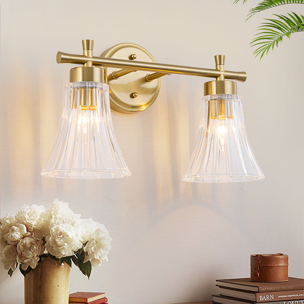 Gold Metal Wall Sconce Ribbed Trumpet Glass Shade for Bathroom Vanity - product image 1 | Zenvolit