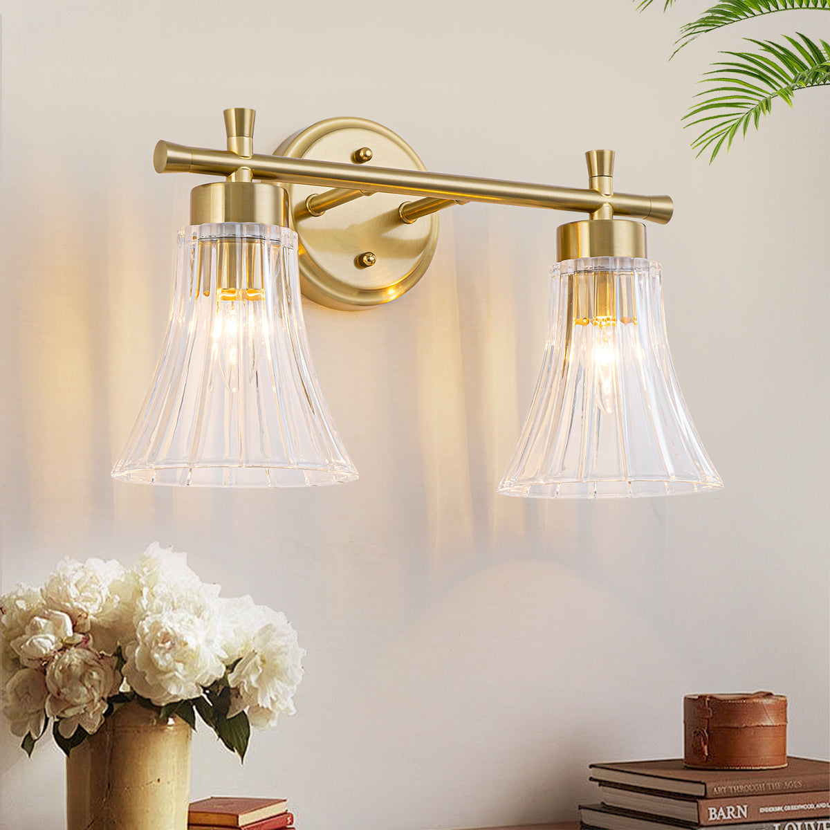 Gold Metal Wall Sconce Ribbed Trumpet Glass Shade for Bathroom Vanity - product image 1 | Zenvolit