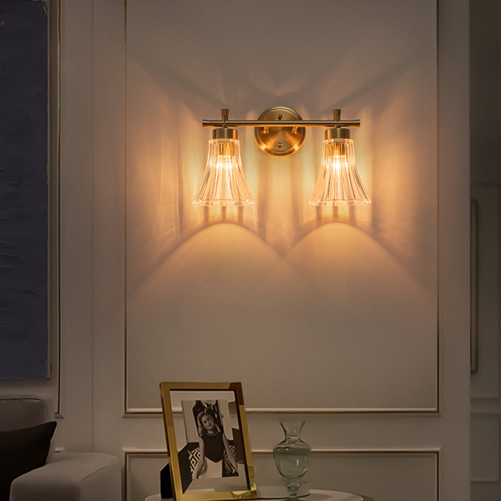 Gold Metal Wall Sconce Ribbed Trumpet Glass Shade for Bathroom Vanity - product image 3 | Zenvolit