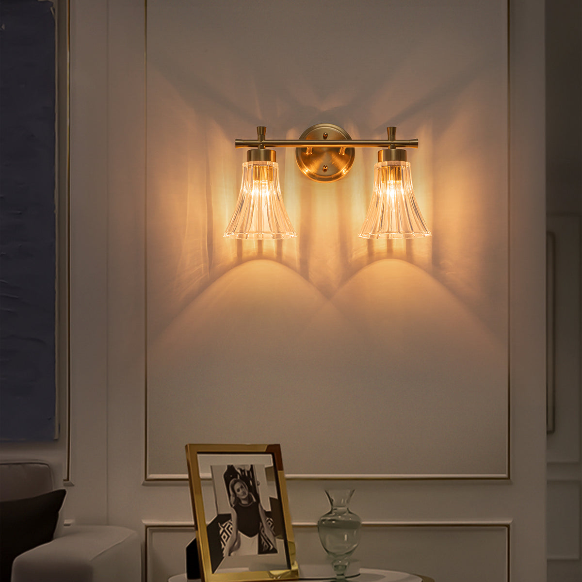 Gold Metal Wall Sconce Ribbed Trumpet Glass Shade for Bathroom Vanity - product image 3 | Zenvolit