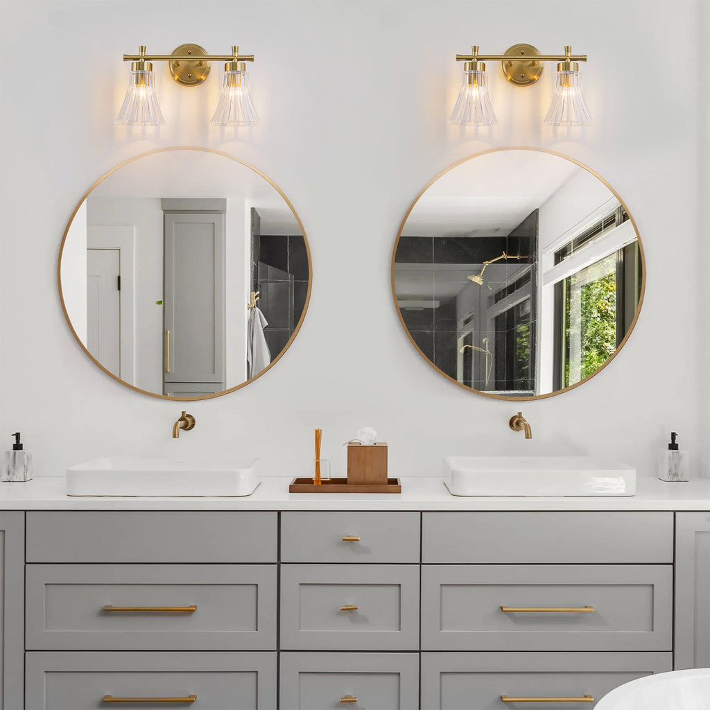 Gold Metal Wall Sconce Ribbed Trumpet Glass Shade for Bathroom Vanity - product image 4 | Zenvolit