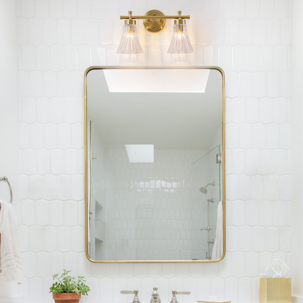 Gold Metal Wall Sconce Ribbed Trumpet Glass Shade for Bathroom Vanity - product image 5 | Zenvolit