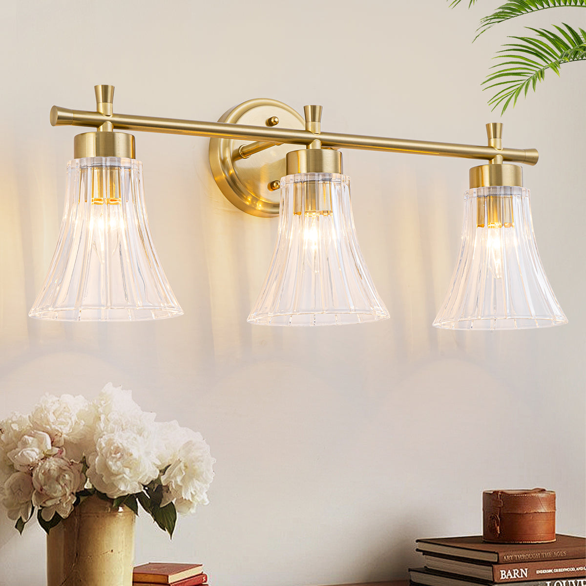 Gold Metal Wall Sconce Ribbed Trumpet Glass Shade for Bathroom Vanity - product image 1 | Zenvolit