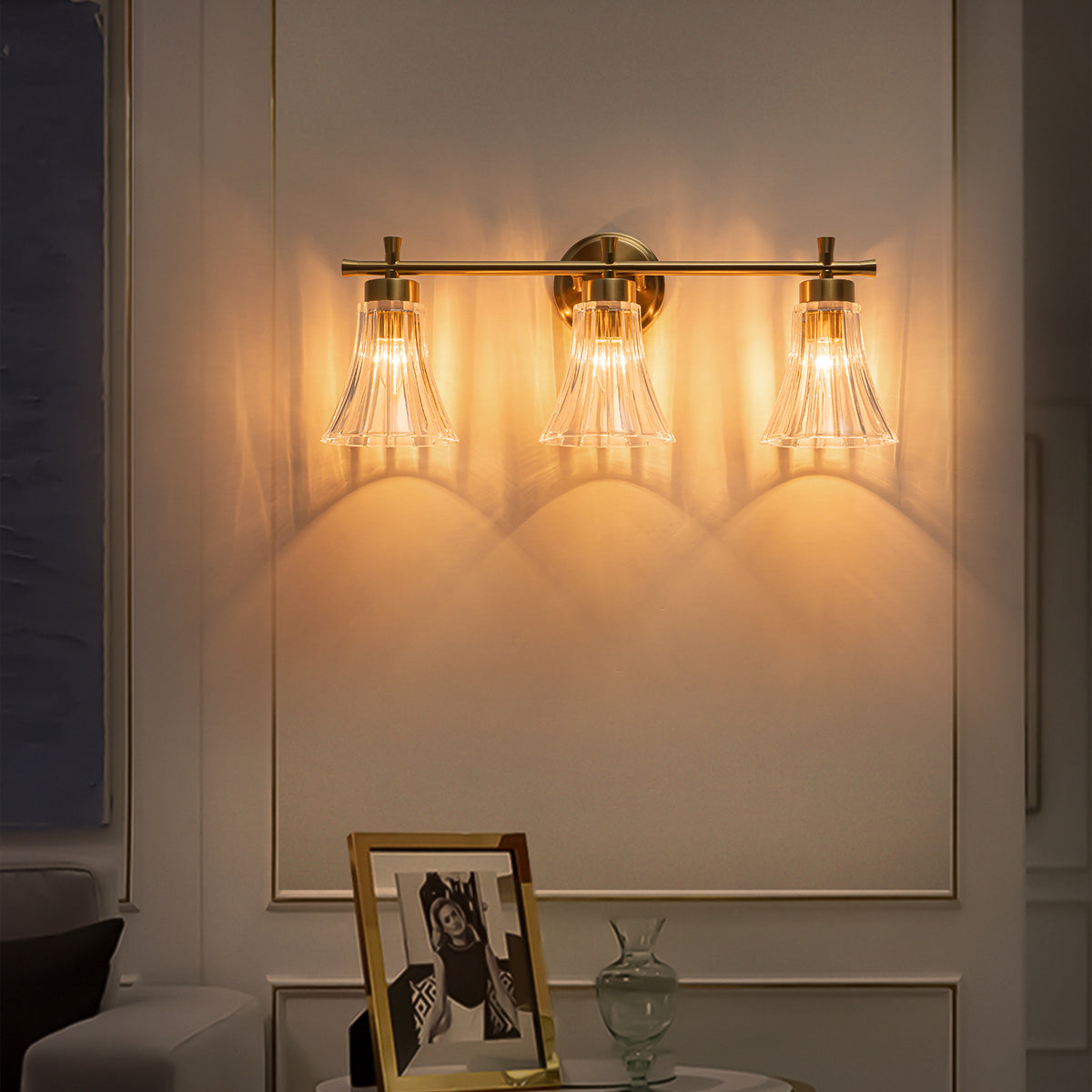 Gold Metal Wall Sconce Ribbed Trumpet Glass Shade for Bathroom Vanity - product image 3 | Zenvolit