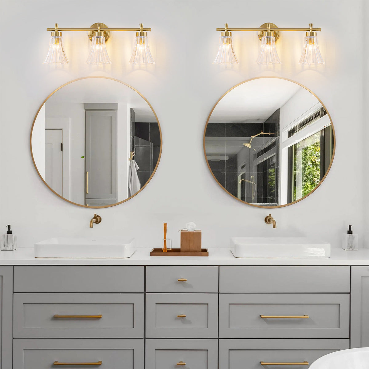 Gold Metal Wall Sconce Ribbed Trumpet Glass Shade for Bathroom Vanity - product image 4 | Zenvolit