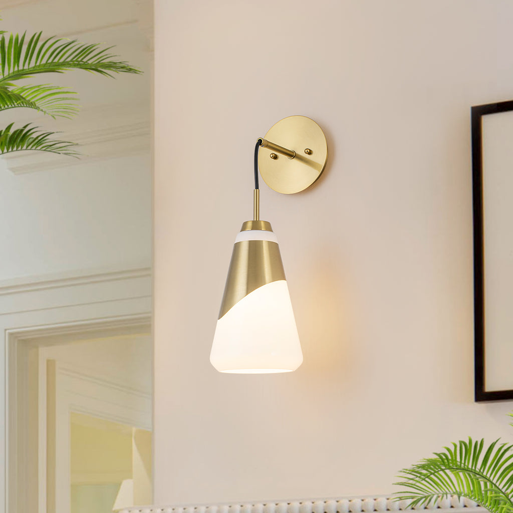 1-Light Brushed Gold Swing Arm Wall Sconce Cone Opal Glass Modern - product image 1 | Zenvolit