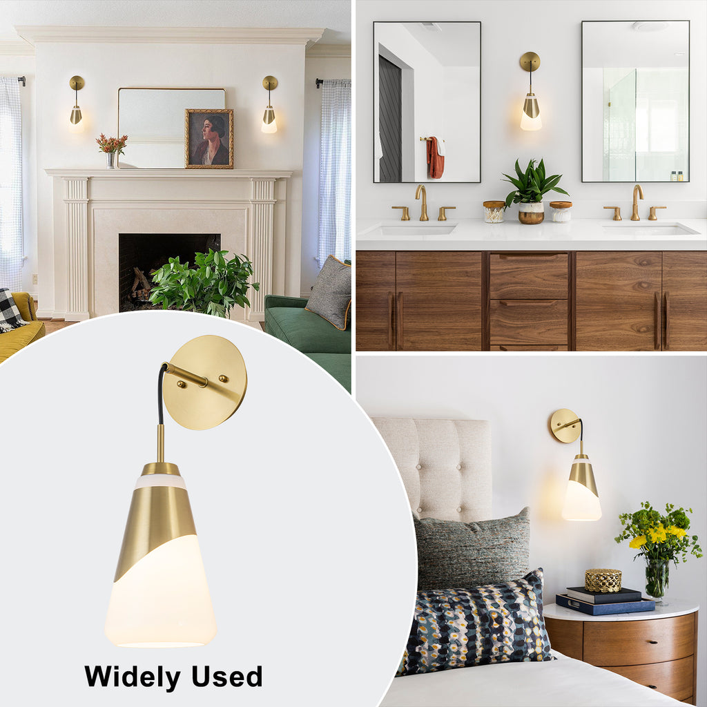 1-Light Brushed Gold Swing Arm Wall Sconce Cone Opal Glass Modern - product image 6 | Zenvolit