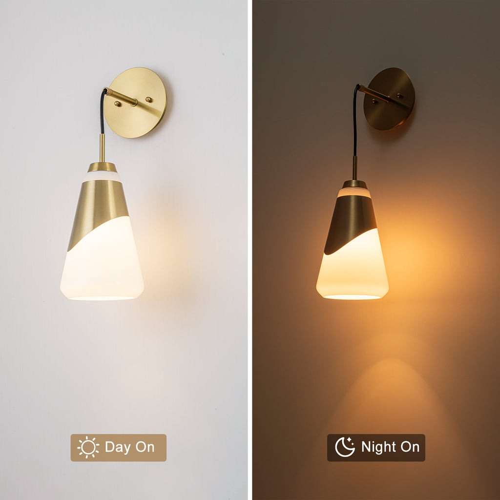 1-Light Brushed Gold Swing Arm Wall Sconce Cone Opal Glass Modern - product image 8 | Zenvolit