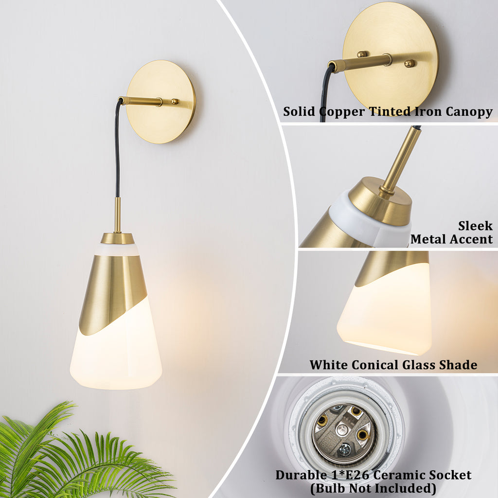 1-Light Brushed Gold Swing Arm Wall Sconce Cone Opal Glass Modern - product image 14 | Zenvolit
