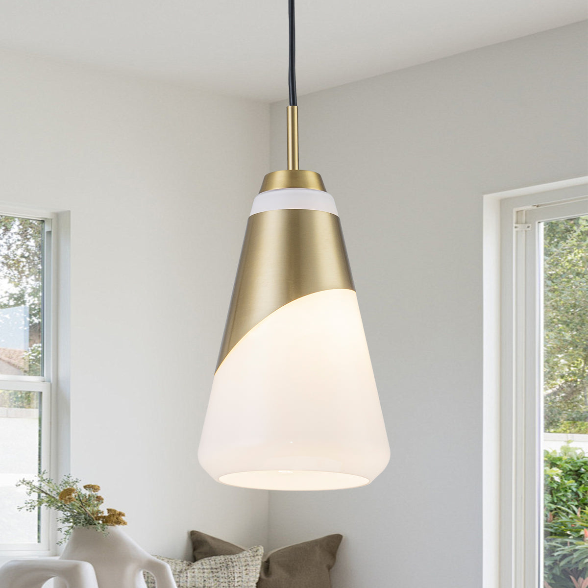 1-Light Brushed Gold & White Cone Opal Glass Pendant Light Modern - product image 1 | Zenvolit