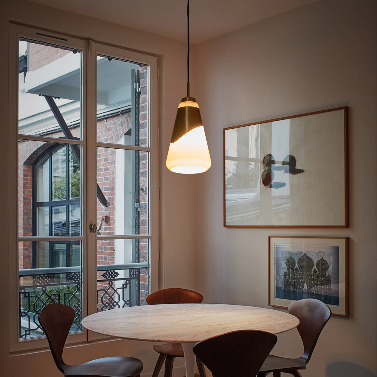 1-Light Brushed Gold & White Cone Opal Glass Pendant Light Modern - product image 3 | Zenvolit