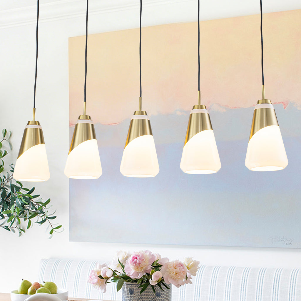 5-Light Gold Pendant Light with White Opal Glass Cone Shades - product image 1 | Zenvolit