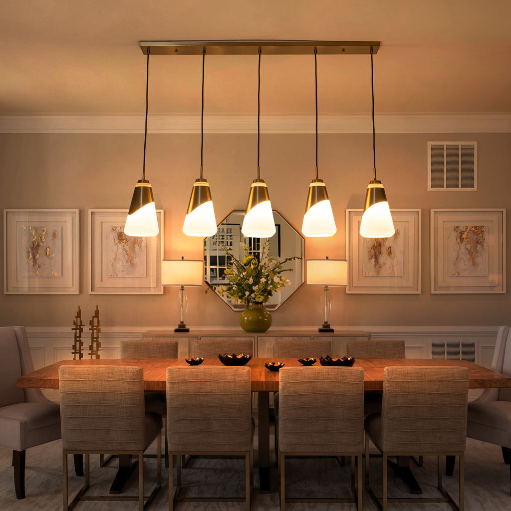 5-Light Gold Pendant Light with White Opal Glass Cone Shades - product image 4 | Zenvolit