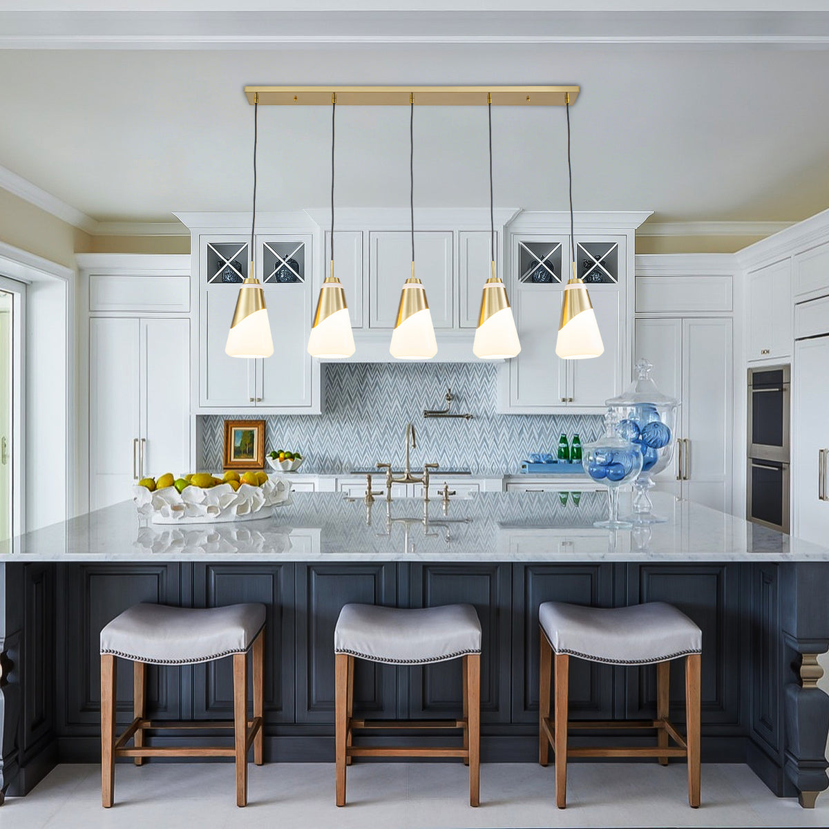 5-Light Gold Pendant Light with White Opal Glass Cone Shades - product image 5 | Zenvolit