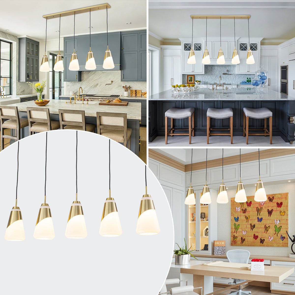 5-Light Gold Pendant Light with White Opal Glass Cone Shades - product image 7 | Zenvolit